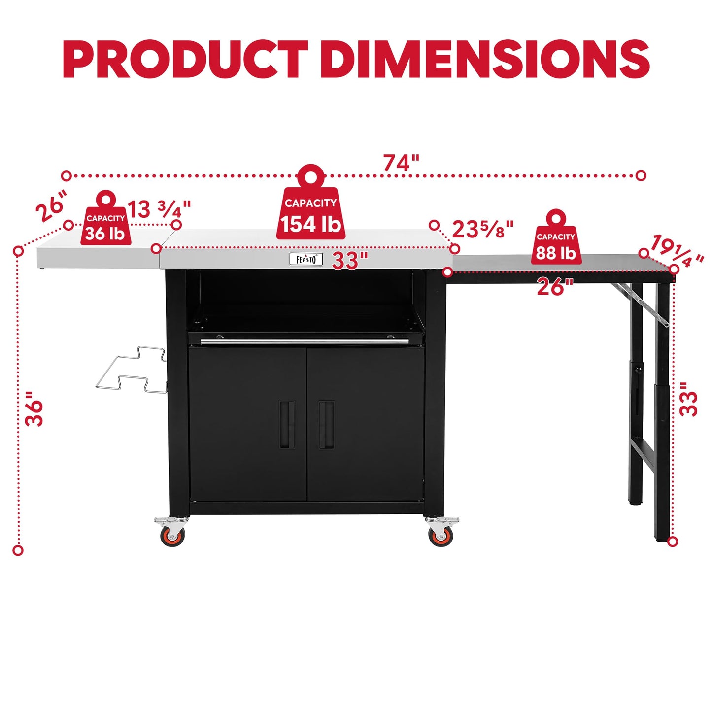 Feasto Outdoor Kitchen Island with Cabinet, Outdoor Grill Table with Stainless Steel Top for Pizza Oven& Griddles, Movable Bar Cart with Pull-Out Plate for Parties& Gathering, Heavy-Duty, L74”x W24”