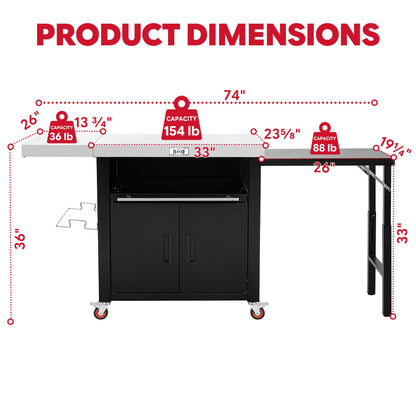 Feasto Outdoor Kitchen Island with Cabinet, Outdoor Grill Table with Stainless Steel Top for Pizza Oven& Griddles, Movable Bar Cart with Pull-Out Plate for Parties& Gathering, Heavy-Duty, L74”x W24”