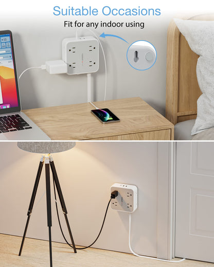 TESSAN Surge Protector Flat Extension Cord Flat Plug Power Strip, 8 AC Outlets, 3 USB Charger(1 USB C Port) 3 Sided Outlet Extender, 5 Ft, 900 Joules Protection, Office Supplies, Dorm Room Essentials
