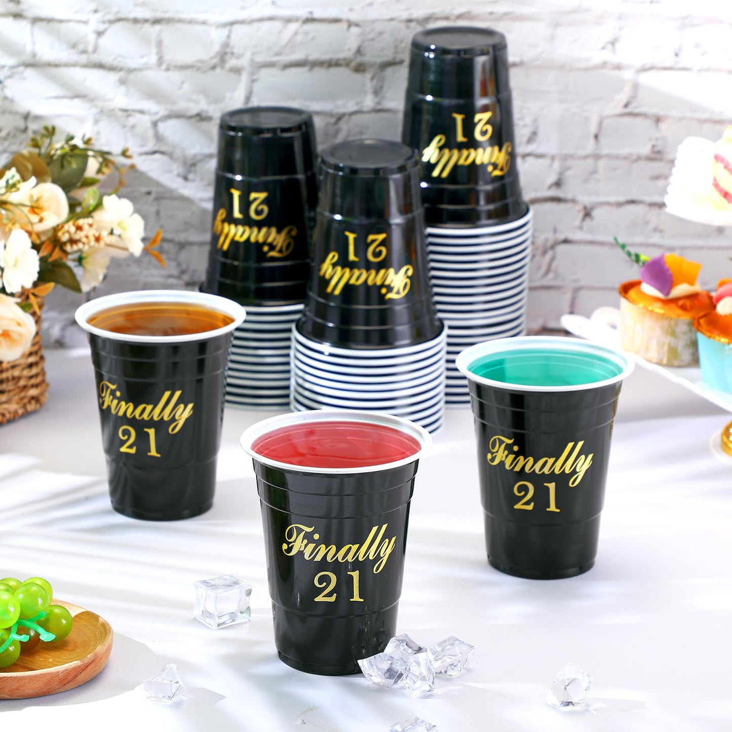Nuogo 50 Pcs Finally 21 Birthday Party Disposable Cups 16 oz Plastic Cups 21st Birthday Party Favors Gift for Her and Him Women Men Anniversary Wedding Decorations