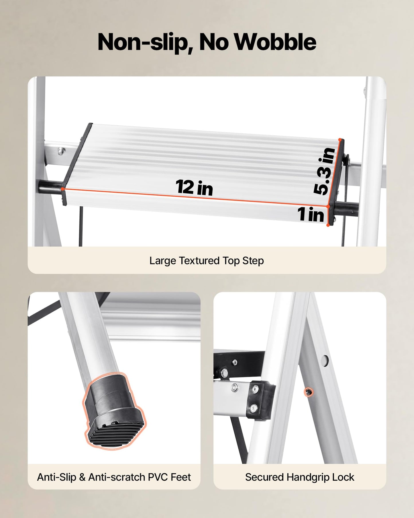 VEVOR 6 Step Ladder, Folding Step Stool with Wide Anti-Slip Pedal and Comfort Handgrip, 330 lbs Capacity Portable Aluminum Stepladder, Multi-Use for Kitchen, Warehouse, Household and Office, Silver