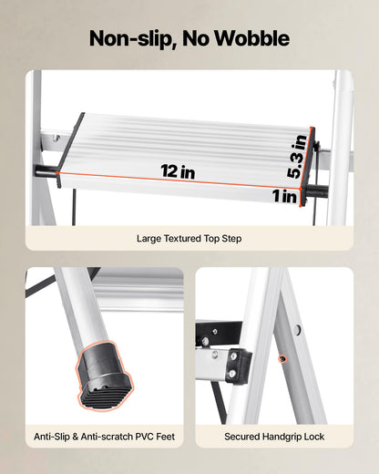 VEVOR 6 Step Ladder, Folding Step Stool with Wide Anti-Slip Pedal and Comfort Handgrip, 330 lbs Capacity Portable Aluminum Stepladder, Multi-Use for Kitchen, Warehouse, Household and Office, Silver