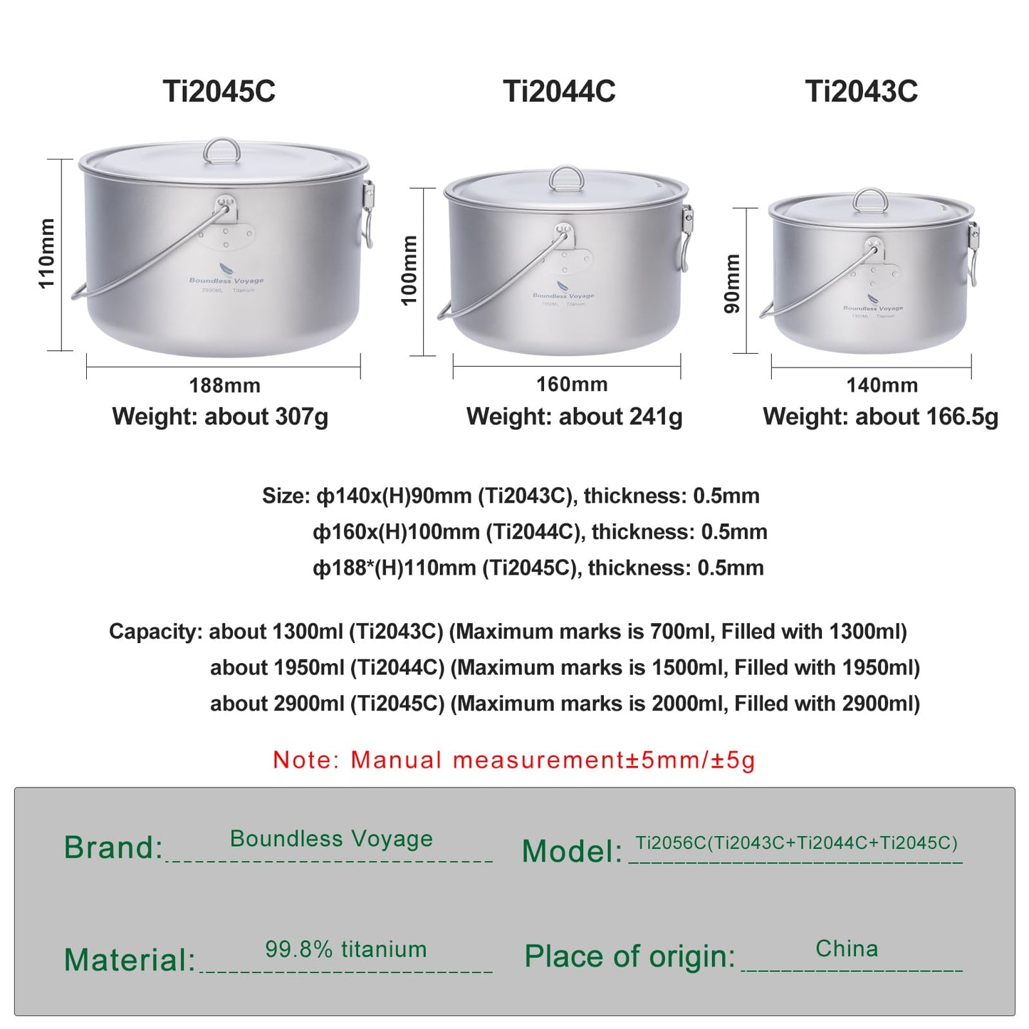 iBasingo 3-Piece Titanium Pot Set (1.3L+1.95L+2.9L) with Lids Ultralight Camping Cookware for Backpacking, Hiking & Outdoor Cooking, Nesting Backpacker Pots with Measurement Marks Ti2056C
