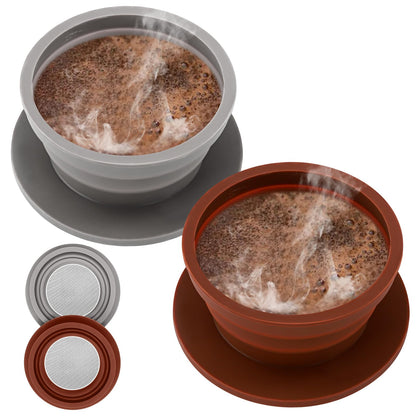 2-Packs Travel Collapsible Paperless Pour Over Coffee Dripper Kit with Stainless Steel Filter, Travel Pour Over Coffee Maker Camping, Silicone Coffee Strainer Pour Over Single Cup (Brown+Black)