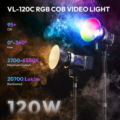 ULANZI RGB Video Light - 120W COB LED Video Light Photography Continuous Output Lighting with Adapter and APP Control, 2700K-6500K 27000lux/m 20 Scenes Bowens Mount for Studio Video Recording, Filming