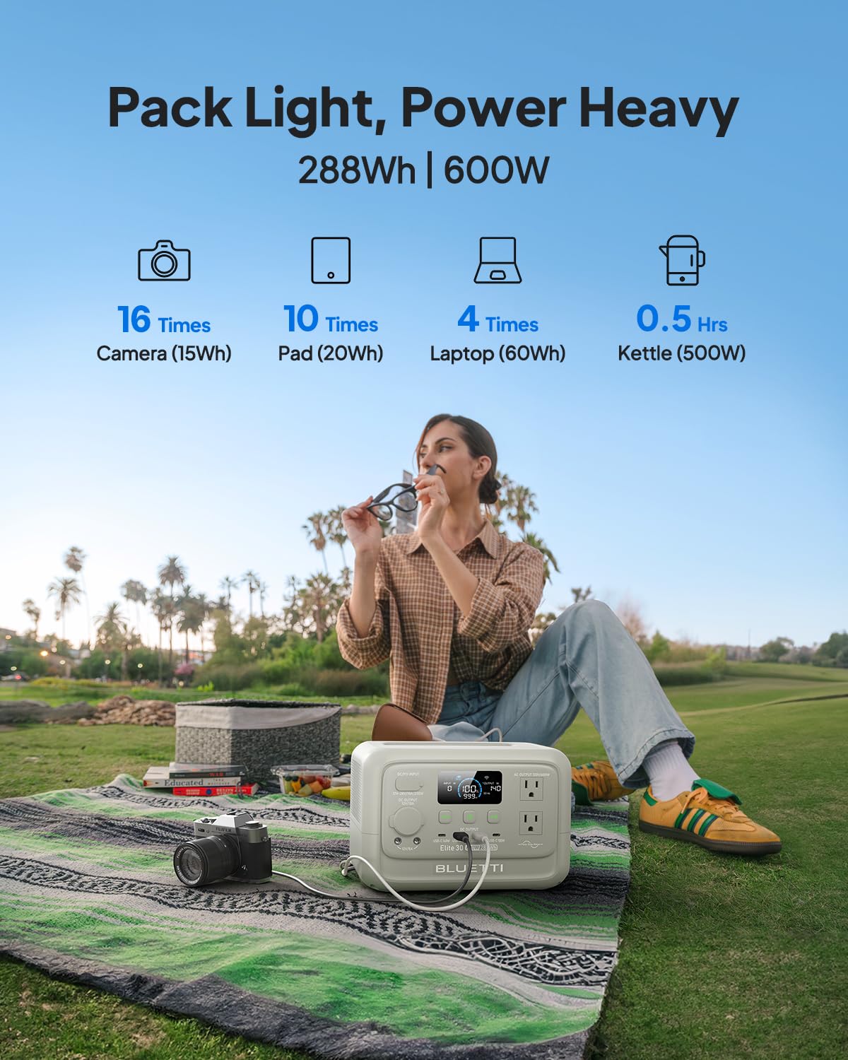 BLUETTI Elite 30 V2 Portable Power Station, 288Wh LiFePO4 Battery Backup 600W, AC Outlet (Power Lifting 1500W), UPS, Fast Charge Solar Generator for Camping, Road Trip, Emergency