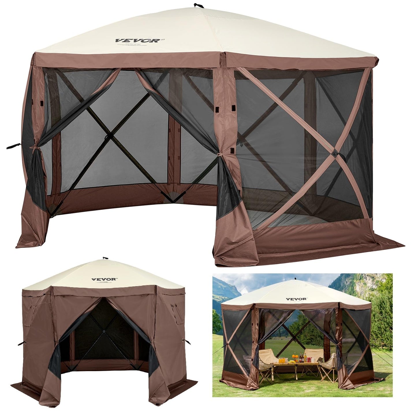 VEVOR Pop Up Gazebo Screen Tent, Pop-Up Instant Gazebo Tents with Mosquito Netting Outdoor Canopy, 6 Sided Sun Shelter 10x10ft with 6 Removable Wind Cloths & 2 Mesh Windows, Pavilion Tent for Patio