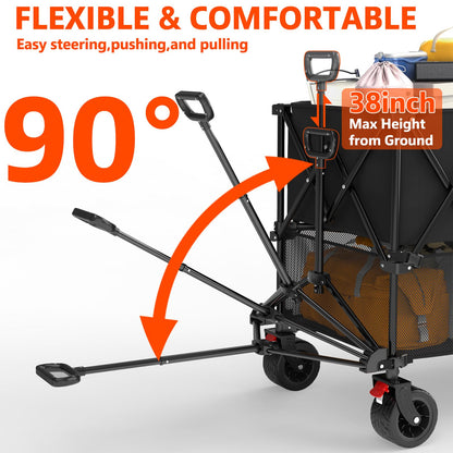 400L Large Double Decker Wagon Collapsible, 450lbs Beach Wagons Carts Foldable Heavy Duty, 55" Extended Utility Folding Cart for Camping, Garden, Sports, Grocery, Shopping
