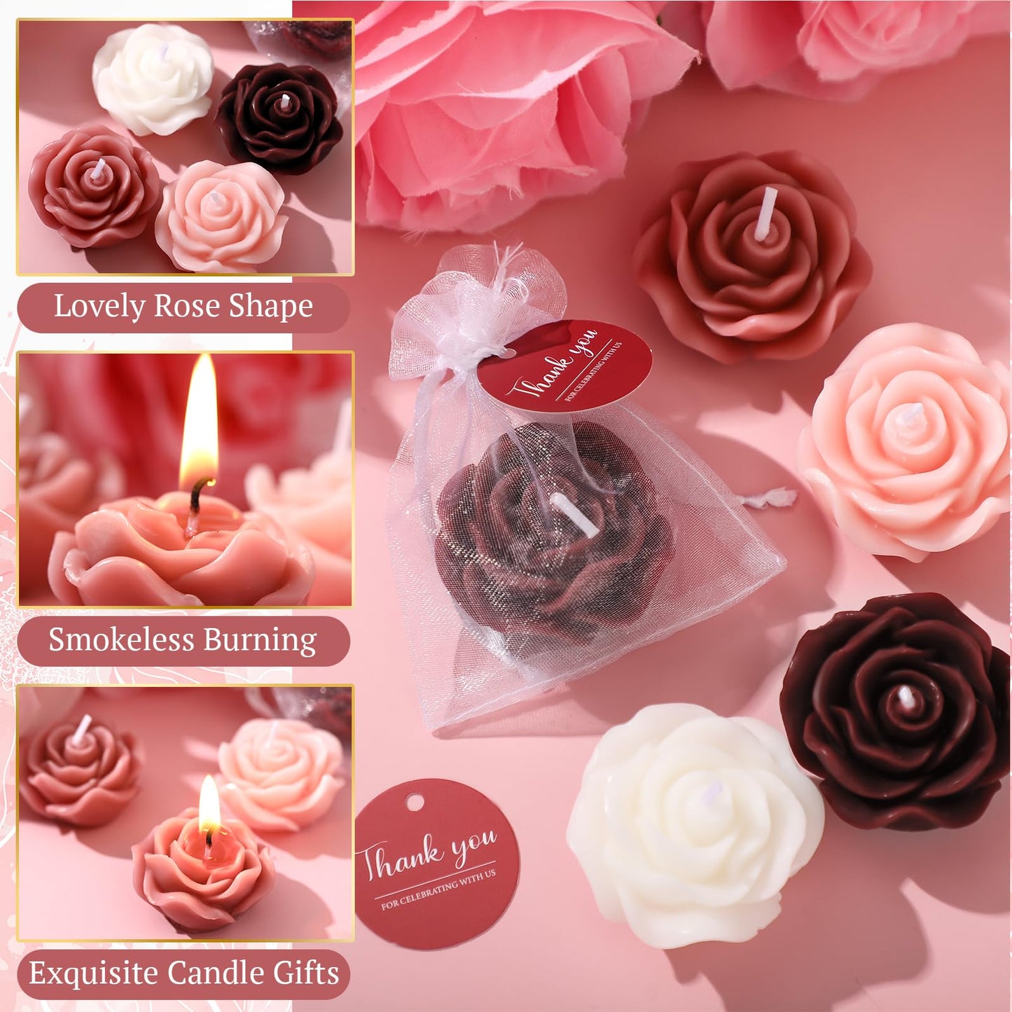 Treela 50 Set Flower Candles Wedding Favor for Guests Mini Burgundy Rose Shaped Tealight Candles for Return Gift Wedding Birthday Bridal Shower Housewarming Party