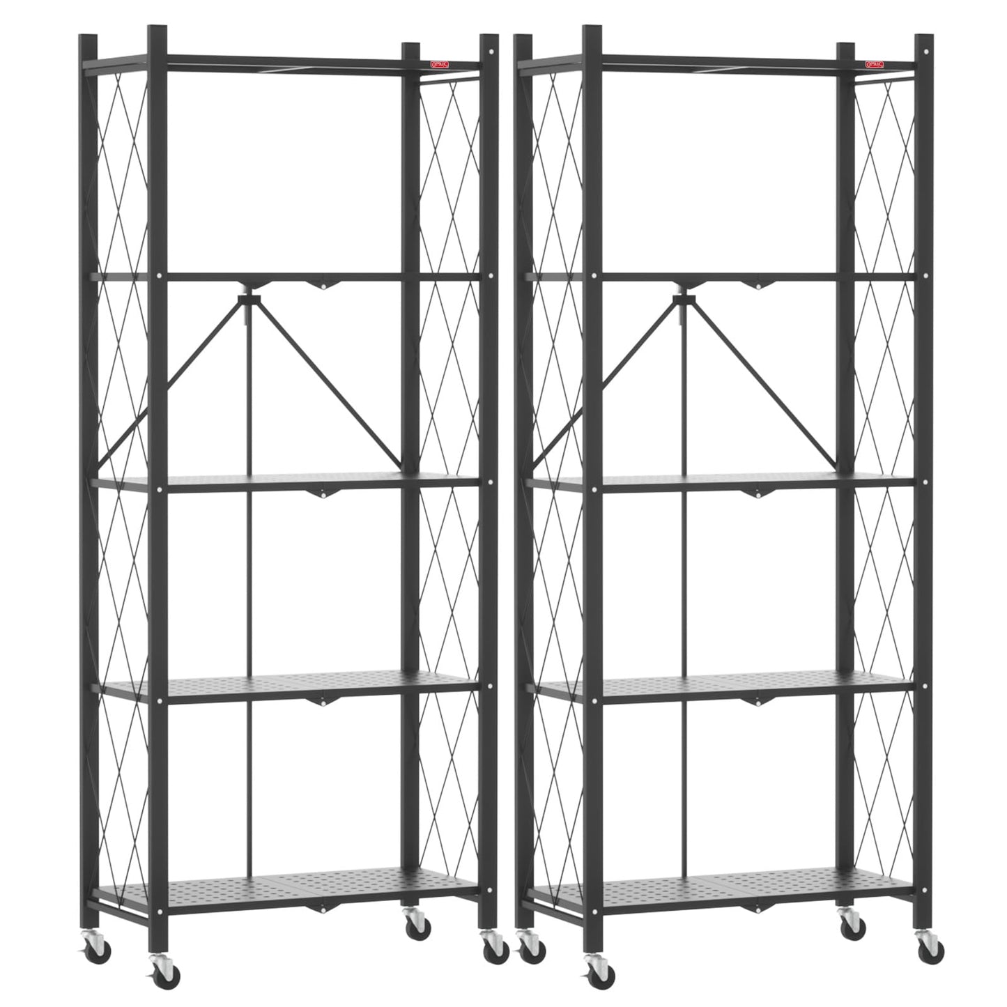 DEANIC 5-Shelf Folding Bookcase with Wheels, Heavy Duty Storage Shelves, Freestanding Metal Wire Shelving Unit for Living Room, Office, Kitchen, Basement, Pantry(Black 2 Pack)