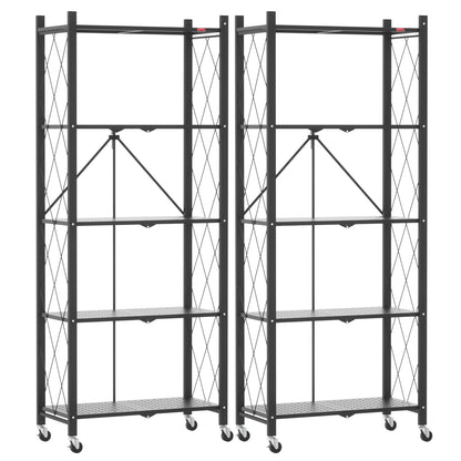 DEANIC 5-Shelf Folding Bookcase with Wheels, Heavy Duty Storage Shelves, Freestanding Metal Wire Shelving Unit for Living Room, Office, Kitchen, Basement, Pantry(Black 2 Pack)