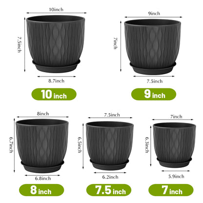 LESOASIS Plastic Plant Pots 10/9/8/7.5/7 inch Set of 5, Flower Planters with Drainage Holes and Saucers, Plastic Pots for Indoor Outdoor Plants, Livingroom Garden Decor (Black)