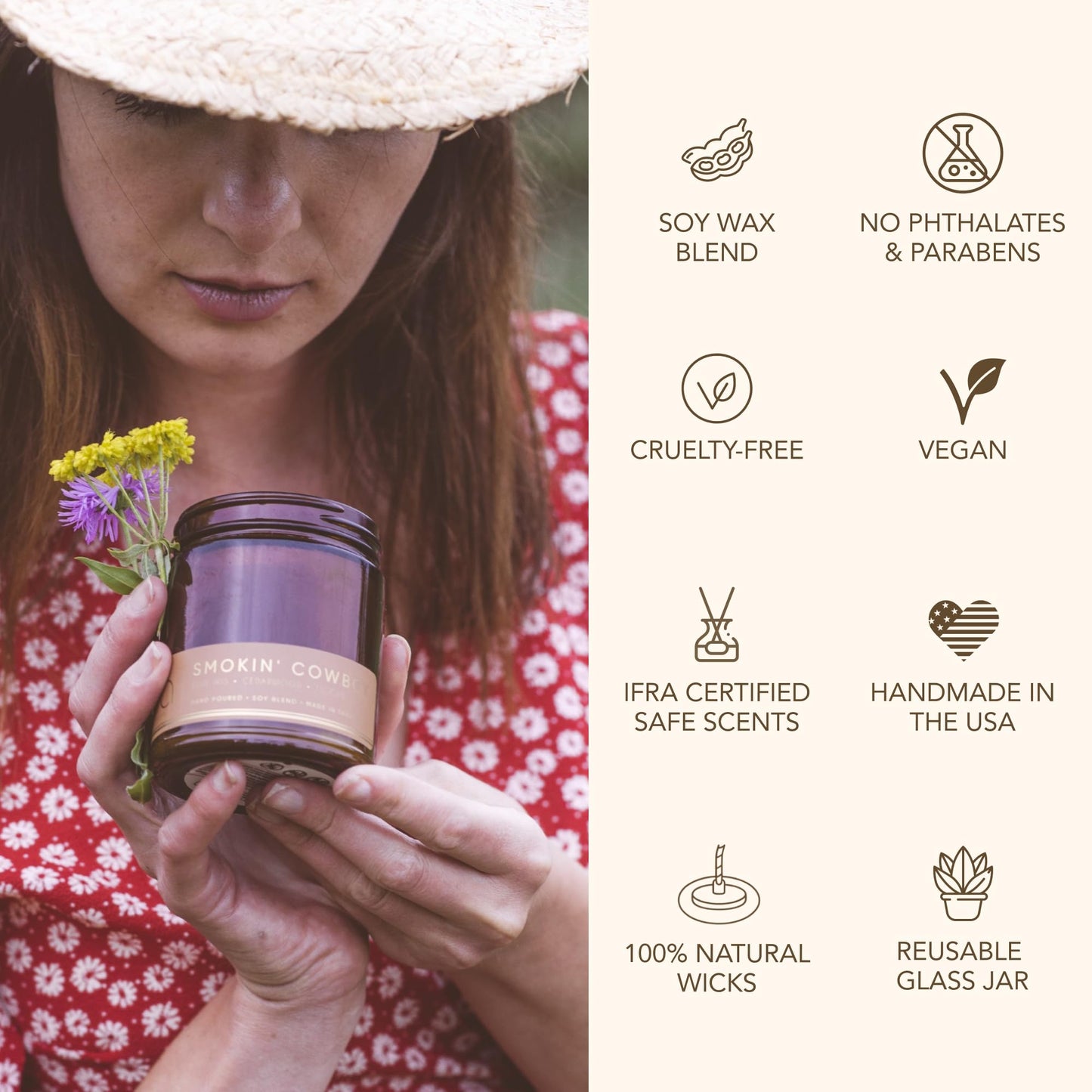 Bia Candle Co. Smokin' Cowboy Candle, Tuscan Leather Sandalwood Cedar Soy Candle, Blue Iris, Perfume-Inspired, Hand Poured USA, High Fragrance Load, Lead-Free Wick, Date Night, 7 oz
