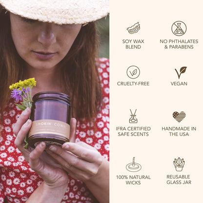 Bia Candle Co. Smokin' Cowboy Candle, Tuscan Leather Sandalwood Cedar Soy Candle, Blue Iris, Perfume-Inspired, Hand Poured USA, High Fragrance Load, Lead-Free Wick, Date Night, 7 oz