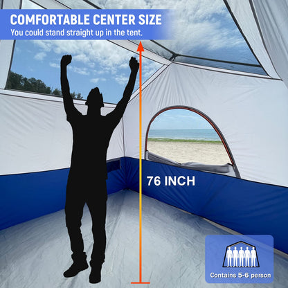 HIKERGARDEN 6 Person Camping Tent - Portable Easy Set Up Family Tent for Camp, Windproof Fabric Cabin Tent Outdoor for Hiking, Backpacking, Traveling (Blue)