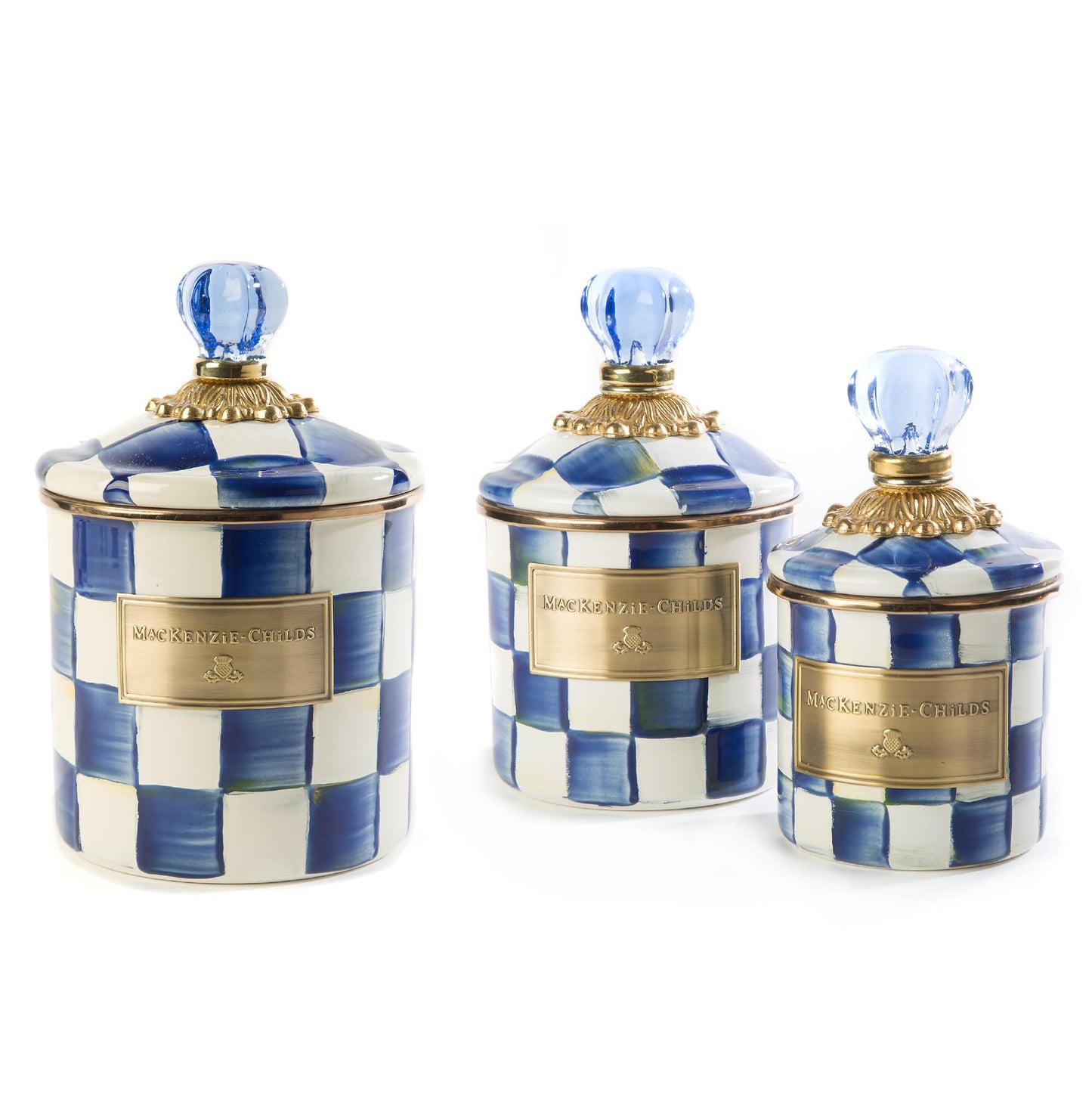 MACKENZIE-CHILDS Enamel Canister Set, Mini (14 oz.), Demi (24 oz.), and Small (38 oz.) Kitchen Containers, Blue-and-White Royal Check