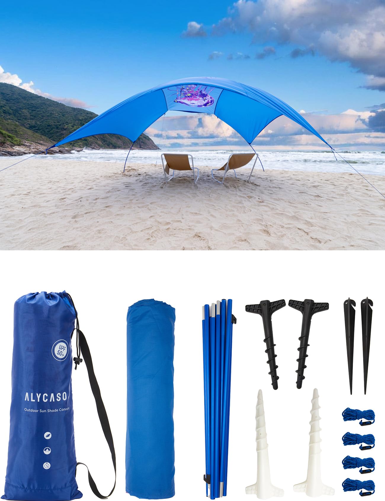 ALYCASO Beach Wind-Powered Shade Canopy, Portable Sun Shelter Tent, UPF 50+ UV Protection, Lightweight, Easy Set Up, 150 Sq. Ft. of Shade for up to 6 People, Regatta Jellyfish