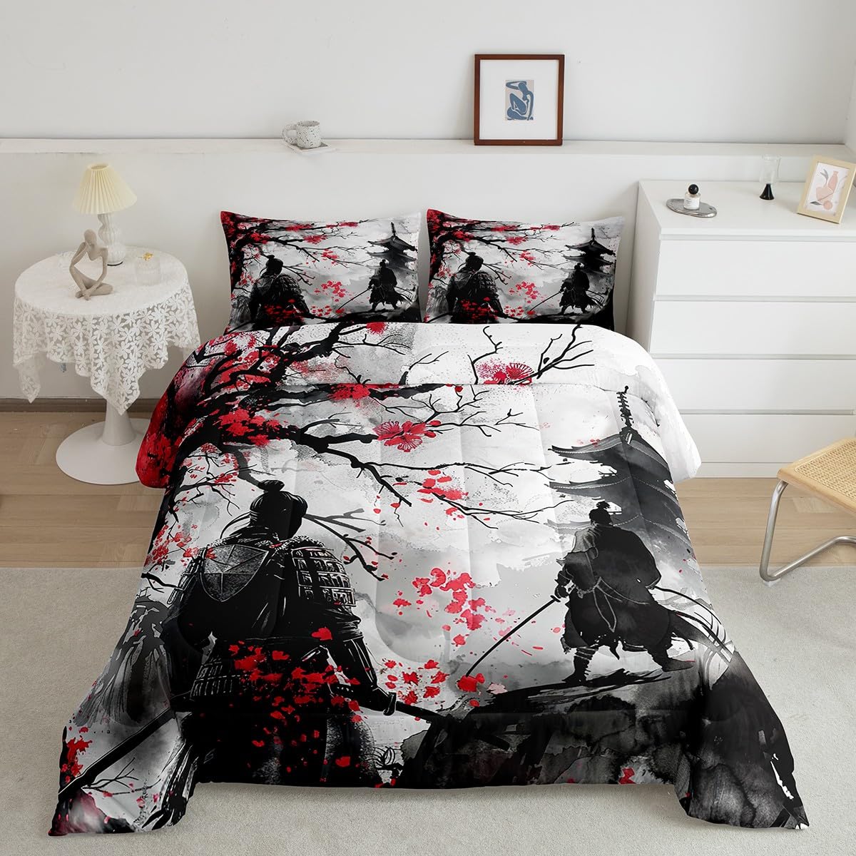Feelyou Japanese Samurai Comforter Set Queen Size Kids Ukiyoe Comforter for Boys Girls Cherry Blossoms Bedding Set Japanese-Style Duvet Set
