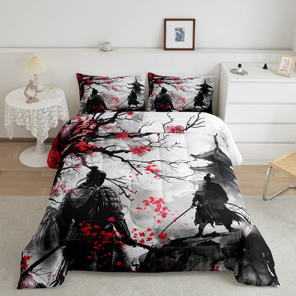 Feelyou Japanese Samurai Comforter Set Queen Size Kids Ukiyoe Comforter for Boys Girls Cherry Blossoms Bedding Set Japanese-Style Duvet Set