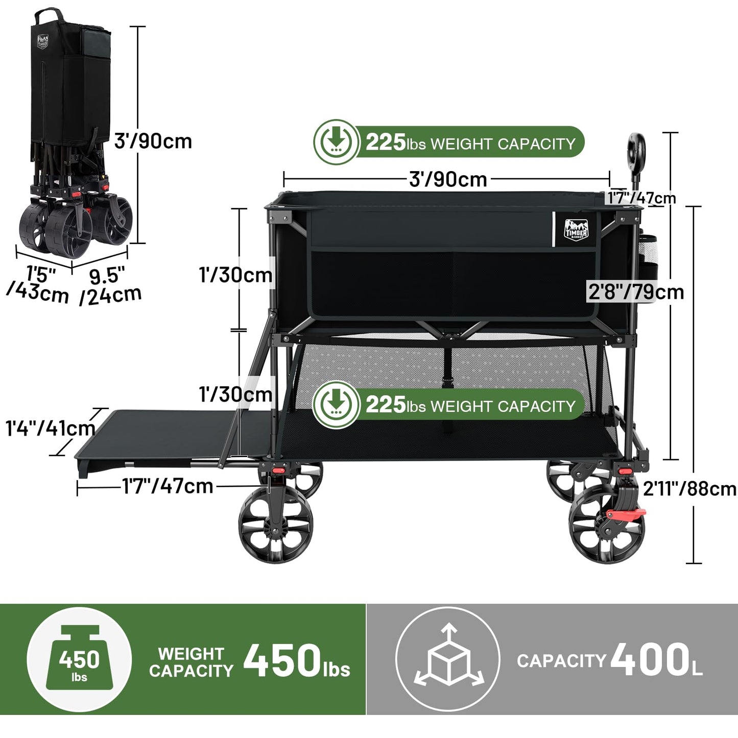 TIMBER RIDGE 400L Large Capacity Folding Double Decker Wagon with Brakes, 54" Extra Long Extender Wagon Cart, 450lbs Heavy Duty Collapsible Cart, All-Terrain Big Wheels for Camping, Sports, Shopping