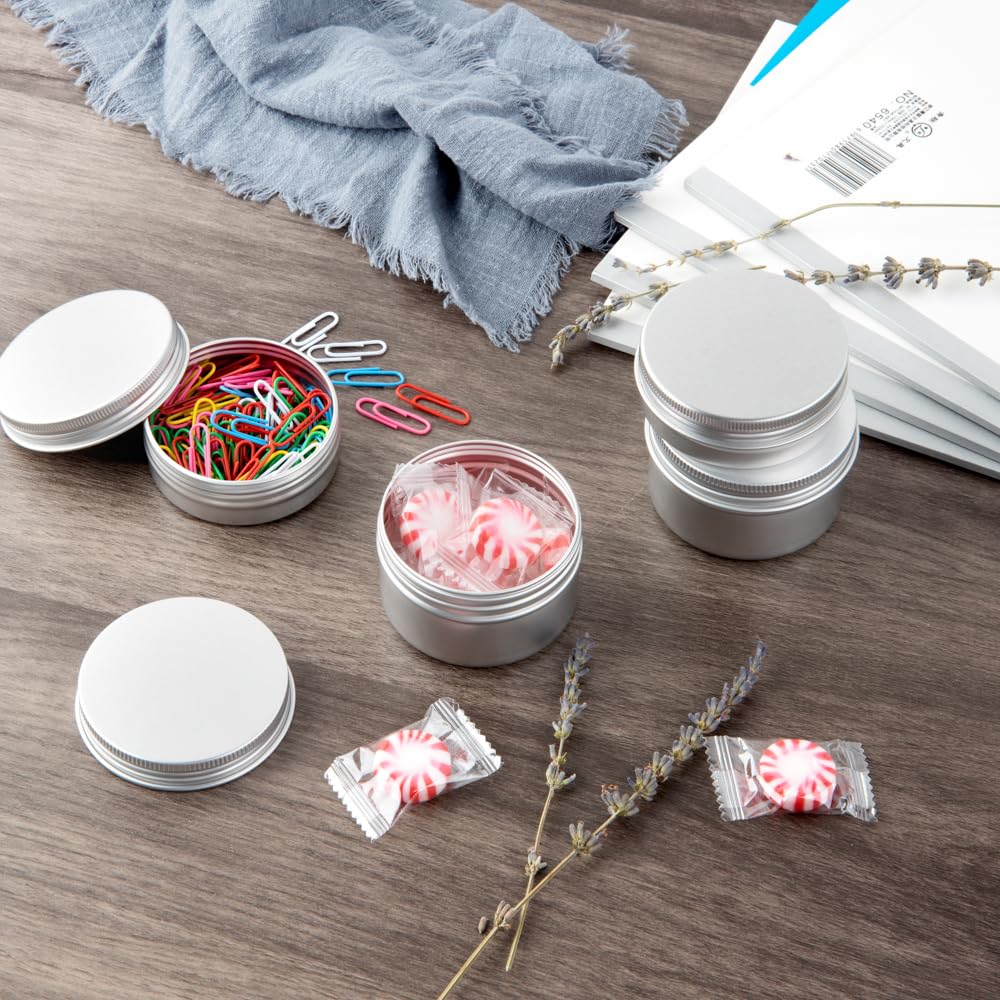 Restaurantware RW Base 4 Ounce Tin Storage Boxes 100 Round Tin Boxes With Lids - Durable Screwable Lids Silver Aluminum Storage Containers Customizable Fits Mints Pills Or Herbs
