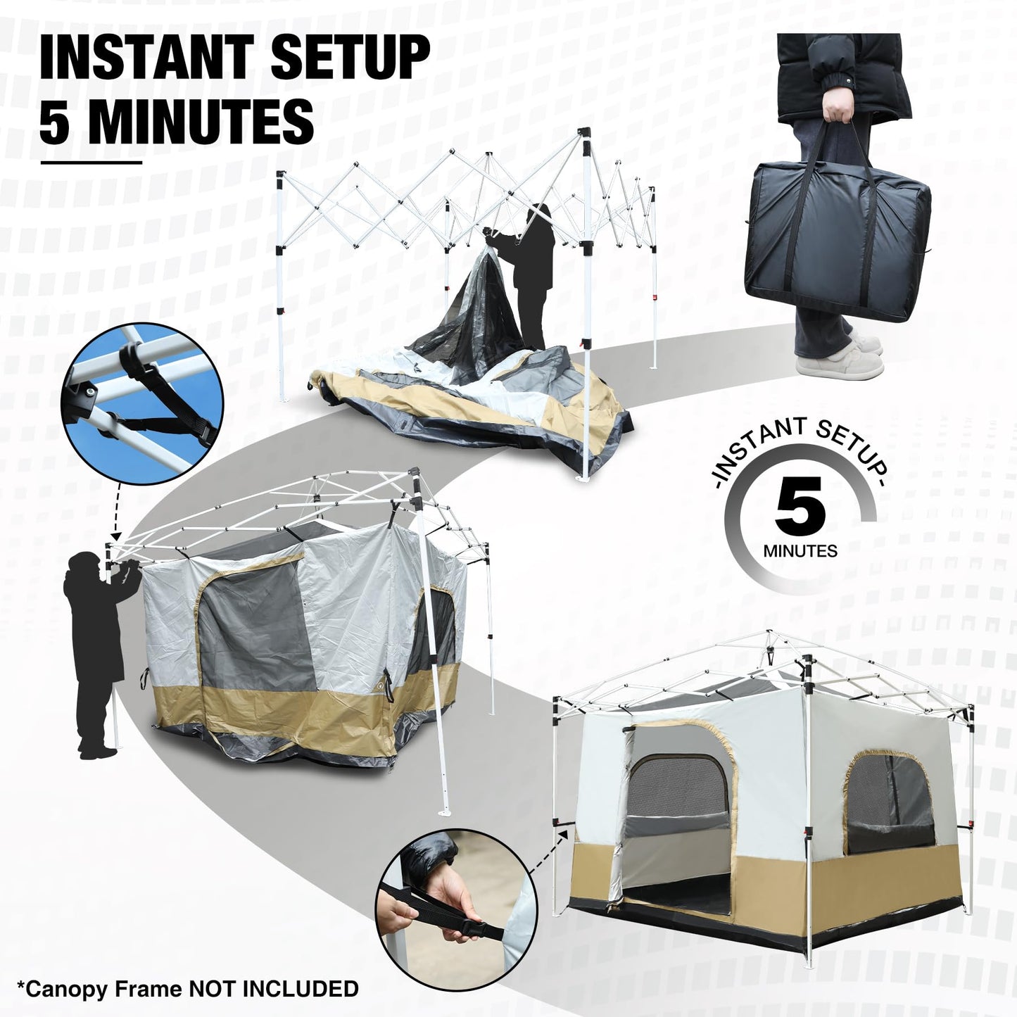 REDCAMP Canopy Camping Tent for Pop Up Canopy Tent, Inner Tent with Mesh Window, Converts Straight Leg 10'x10' or 10'x20' Canopy into Camping Tent, Fits 4-6 Person, Khaki(Frame/Shelter NOT Included)