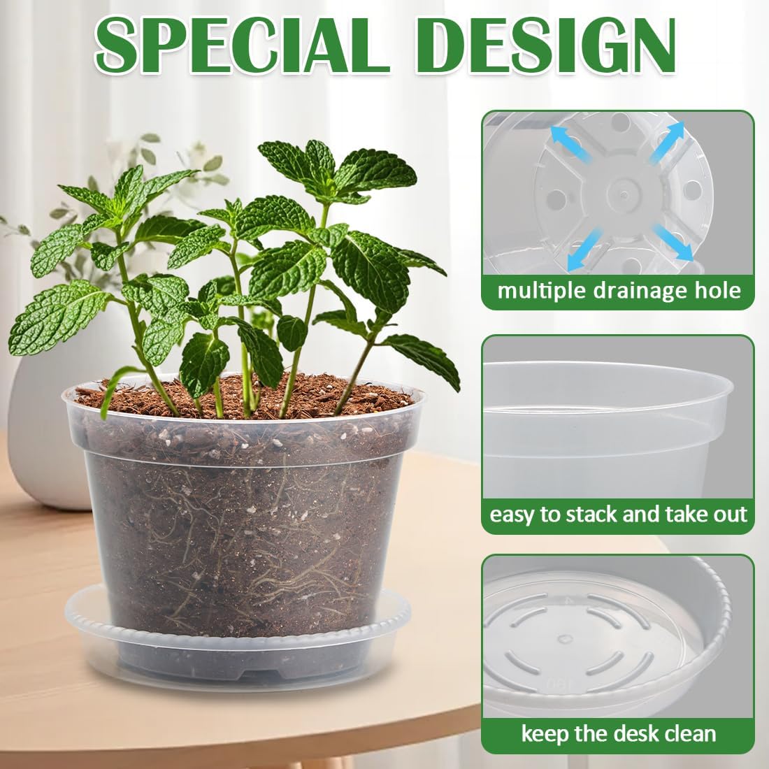 Skiennix 8-Inch Clear Nursery Pots - Sturdy Plastic Plant Pots with Drainage Holes | 7-Pack for Succulents & Herbs