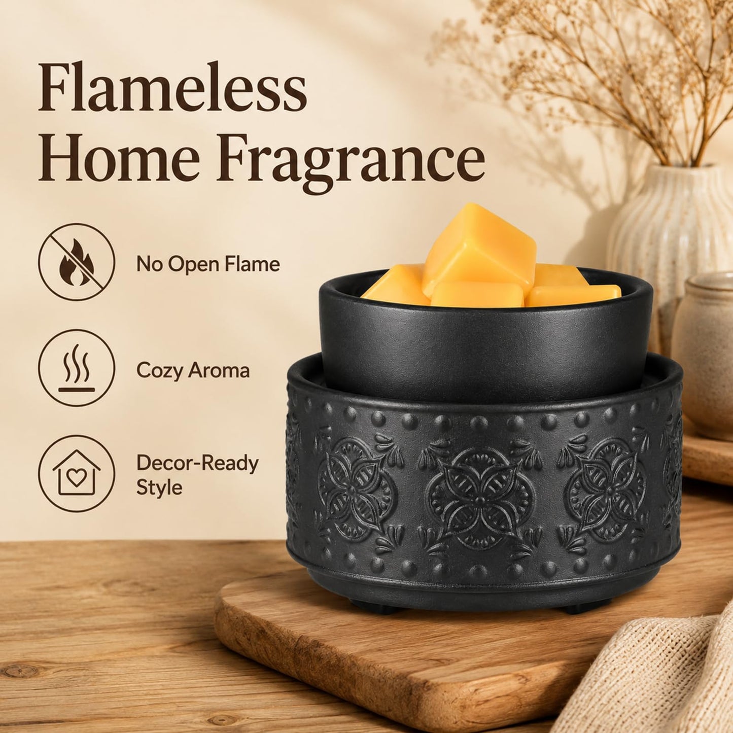 Mocosa Ceramic Wax Warmer Wax Melt Warmer for Scented Wax 3-1 Electric Candle Warmer Home Fragrance Wax Burner Perfect Christmas Gifts for Mom Women(Black-Granular)