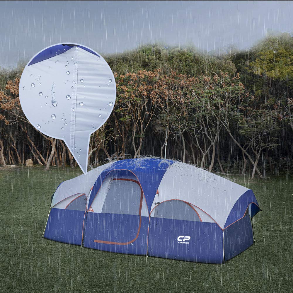 CAMPROS CP Tent 8 Person Camping Tents, Weather Resistant Family Tent, 5 Large Mesh Windows, Double Layer, Divided Curtain for Separated Room, Portable with Carry Bag - Blue