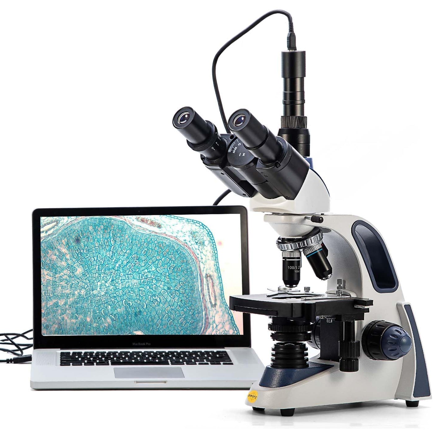 Swift SW380T 40X-2500X Research-Grade Trinocular Compound Lab Microscope with 2.0mp Camera and Software Windows and Mac Compatible and Slides