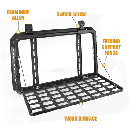 Z8 Rear Window Molle Storage Panel with Fold-Down Table, Tactical Organizer Compatible with 2018–2025 Jeep Wrangler JL & JLU 4-Door Hardtop, Heavy-Duty Aluminum Cargo Rack for Camping & Off-Road Gear