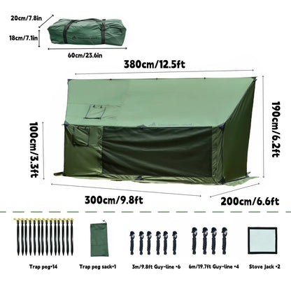 Dandelion Shell Hammock Hot Tent with Stove Jack and Double-Sided mesh Windows - Spacious, Versatile Wall Tent with Snow Skirt(No Poles)-Green Waterproof & Windproof, Ideal for Camping, Backpacking