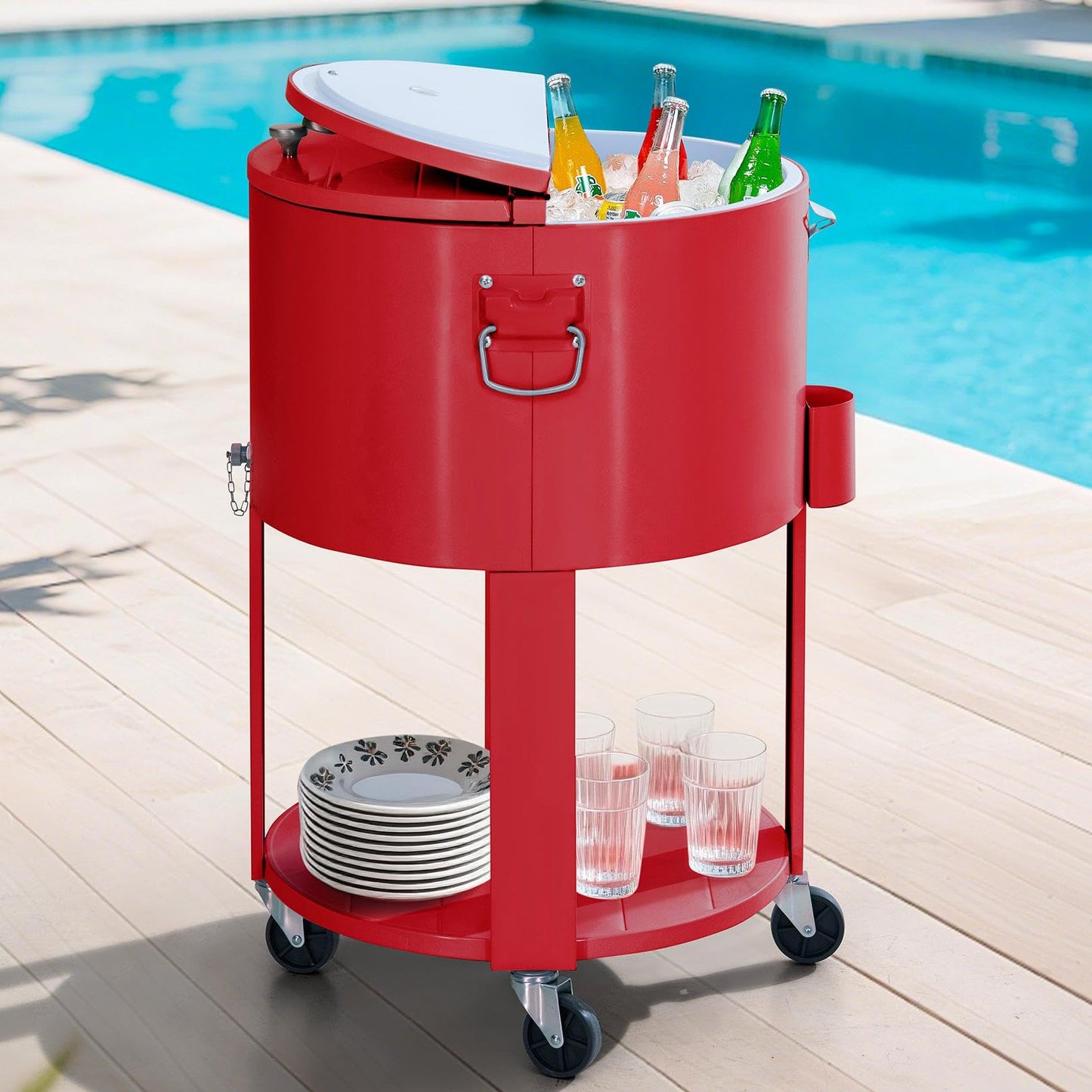 SUNJOY 60 Quart Rooling Ice Chest Cooler Cart, Portable Patio Party Bar Drink Cooler Cart, Beverage Bar with Bottle Opener and Shelf, Red