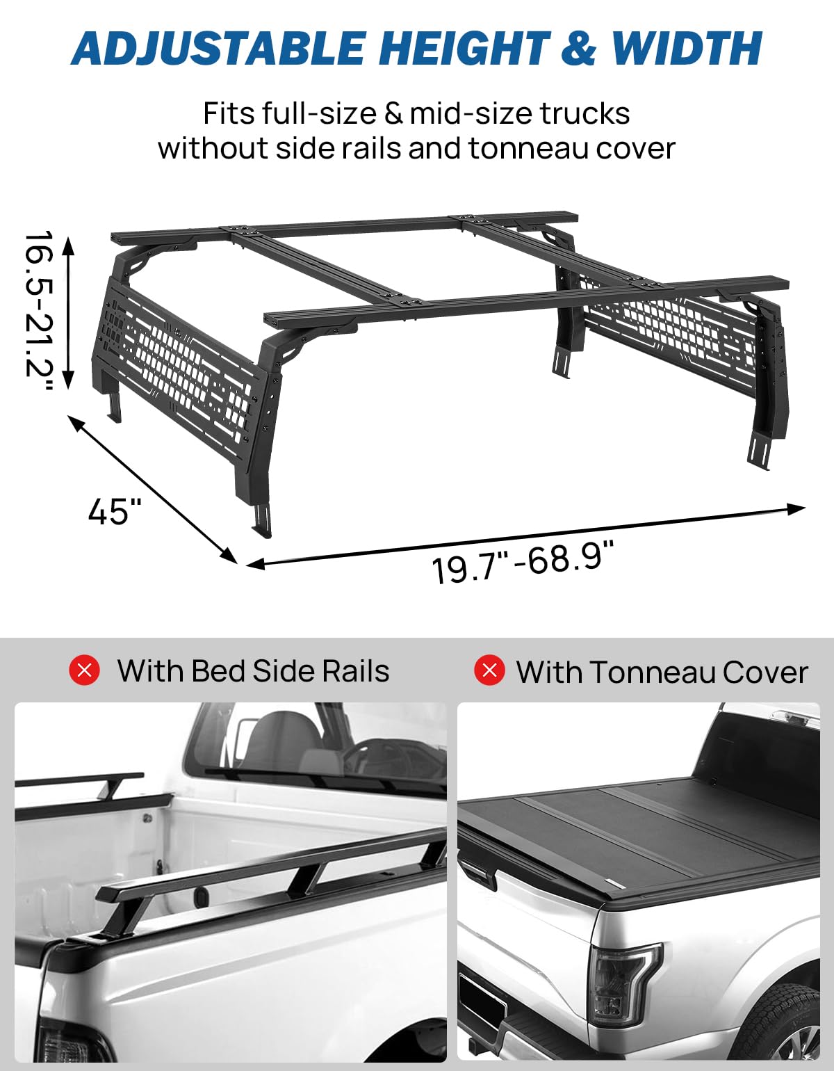 JOYTUTUS 16.5-21.2" High Truck Bed Rack for Full Size & Mid Size Truck Adjustable Overland Bed Rack Compatible with F150 F250 F350 Silverado Sierra Ram Tundra Tacoma Gladiator