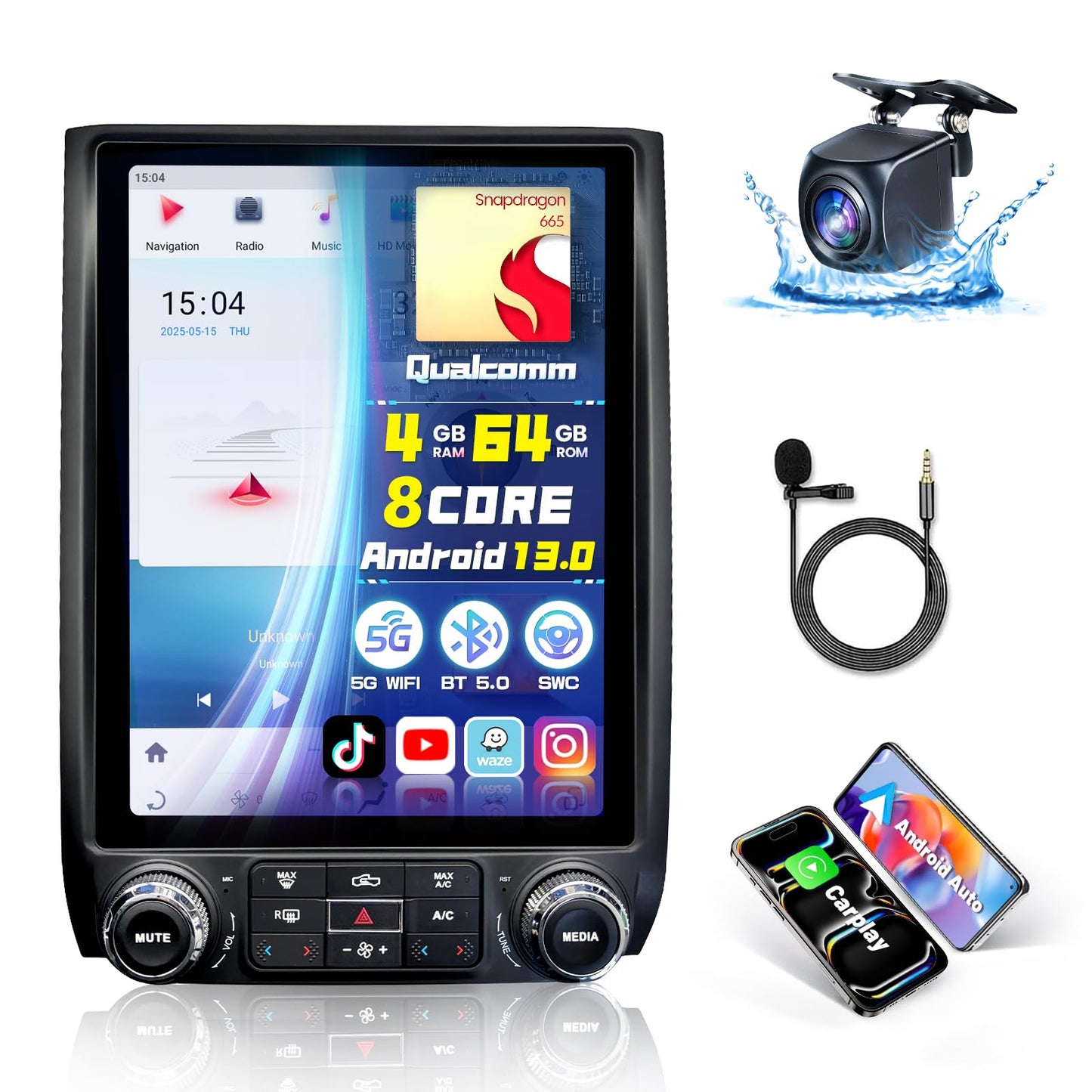 Gearzbtor 12.1" Qualcomm 8Core 4+64G Radio for Ford Expedition 2015 2016 2017,Android 13 T-Style Vertical Screen Expedition Stereo Carplay Android Auto 5Ghz WiFi 48EQ SWC Mic 1080P Backup Camera