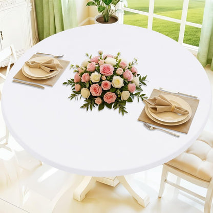 Moosfor Round Spandex Tablecloth, Elastic Fitted Waterproof Tablecloths for 31"-35" Tables, Stretch Washable Picnic Table Cover for Camping, Dining, Indoor and Outdoor, White