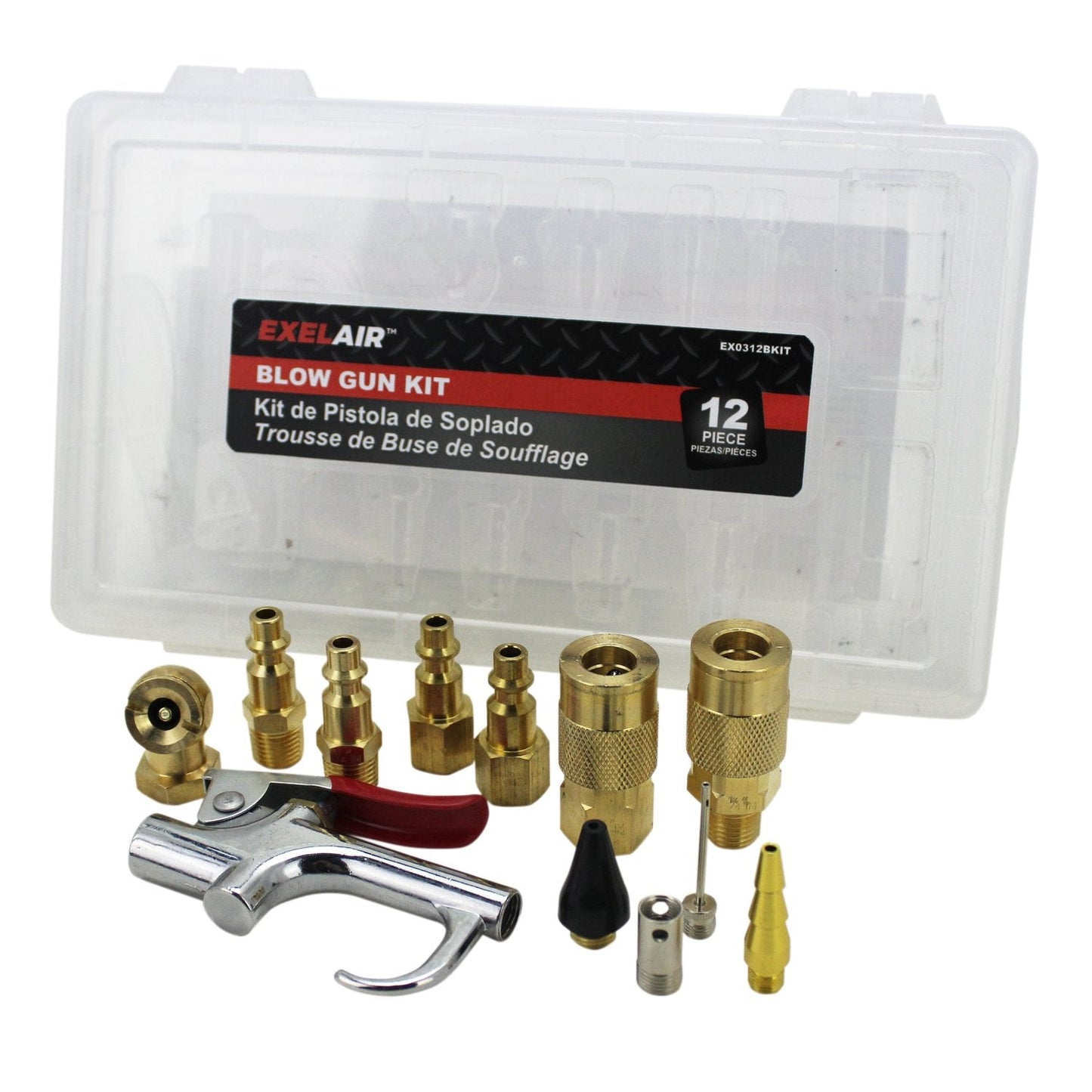 EXELAIR by Milton EX0312BKIT - Blow Gun and Air Accessory Kit - Safety adapter, Nozzle Tips, Inflator Needle, Ball Foot Air Chuck, and M-Style Couplers/Plugs - 150 Max PSI, (12-Piece)