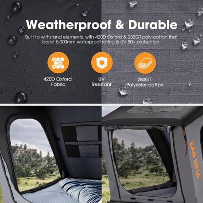 Sanhima Rooftop Tent Hard Shell - Hotham Overland Aluminium Roof Top Tent w/Larger Space, LED Strip Light & Skyview Window, 2” Thick Mattress, for Car SUV Truck Camping, 2-3 People, Gray