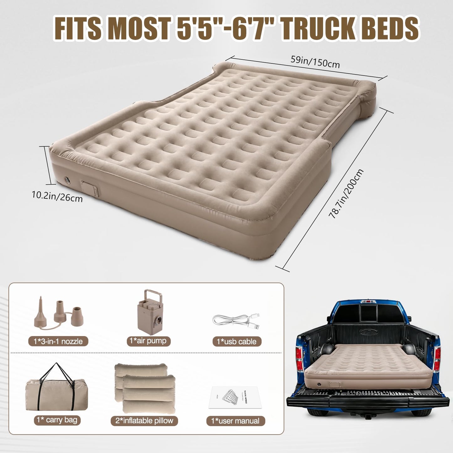 MIRUNNY Truck Bed Air Mattress for 5.5-6.7Ft,Pickup Airbed with Wireless Rechargeable Pump,Inflatable Air Mattress for Travel,Outdoor & Road Trips,Fits F-150 / Ram/Silverado Full-Size Trucks