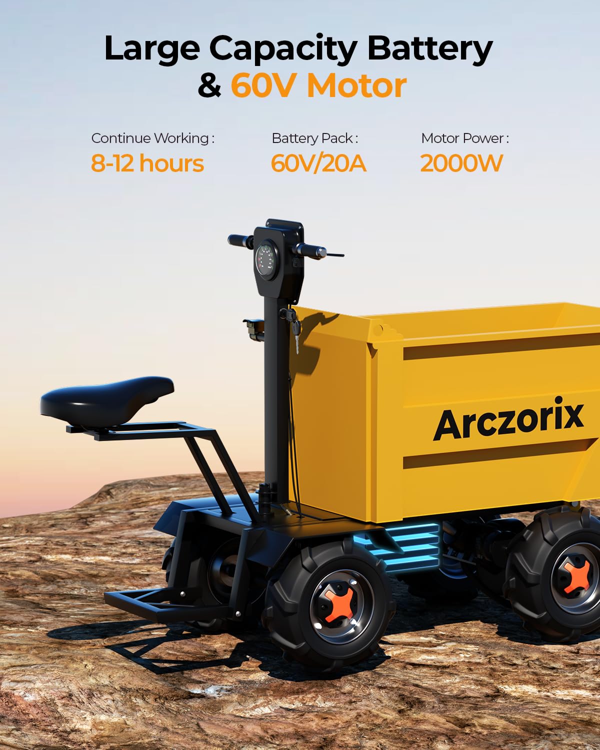 [Electric Hydraulic Dumping] Arczorix Wheelbarrow Utility Cart 60V 20Ah 2000W Capacity 2205Lbs with One-Key Lifting and Lowering Dumper & All-Terrain Wheels, Material Hauler, Electric Wagon
