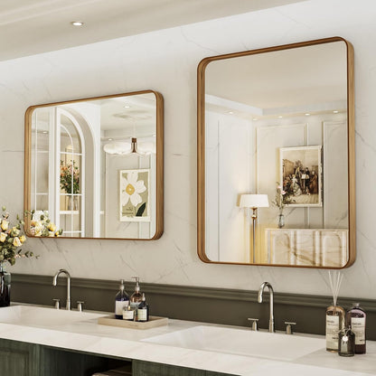 LOAAO Bathroom Mirror - 24x32 Inch Rounded Rectangle with Wood Grain Metal Frame | Anti-Rust, Versatile Hanging Options