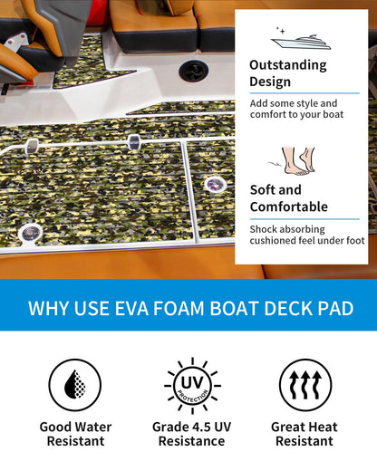 OCEANBROAD Self-Adhesive 96''x47'' Camouflage Boat Flooring Strip Cut Grooves EVA Foam Sheet Non-Slip Traction Pad for Boats Decking Surfboard SUP Paddle Board Kayak, Camo Green