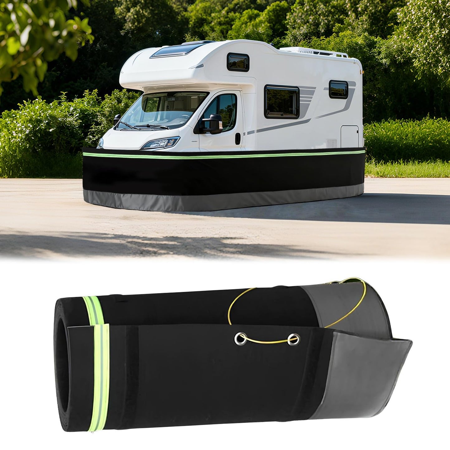 JeCgRrY RV Skirt for Travel Trailer, Panels Wind and Snow Proof, Camper skirting, All-Weather Protection Barrier with Easy Installation Kit Night Reflective Strip(2.6ft High,20m/65ft)
