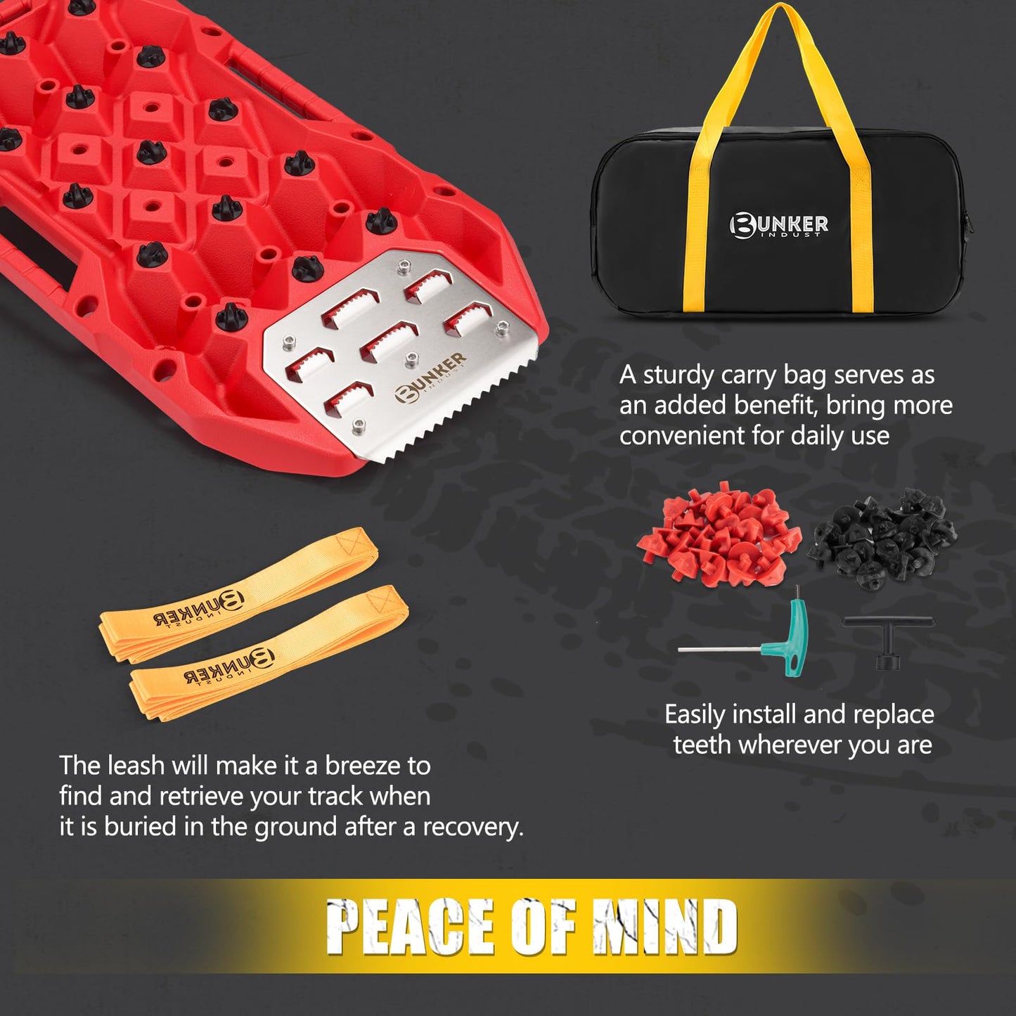 BUNKER INDUST Offroad Traction Boards with Jack Base, Pair Portable Recovery Track Tire Traction Mat - Red Sand,Mud,Snow Tracks(Replaceable Dual Colors Teeth/Rugged Steel Plate), Gen 12th