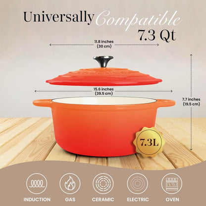 Cast Iron Dutch Oven with Lid – Non-Stick Ovenproof Enamelled Casserole Pot – Sturdy Dutch Oven Cookware – Orange, 7.3-Quart, 30cm – by Nuovva