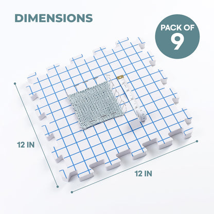 Blocking Mats for Knitting - KnitIQ Extra Thick Blocking Boards for Crochet Projects with Gridlines - 100 T-Pins and Storage Bag Included for Knitting Supplies - Standard Mat Set - Pack of 9
