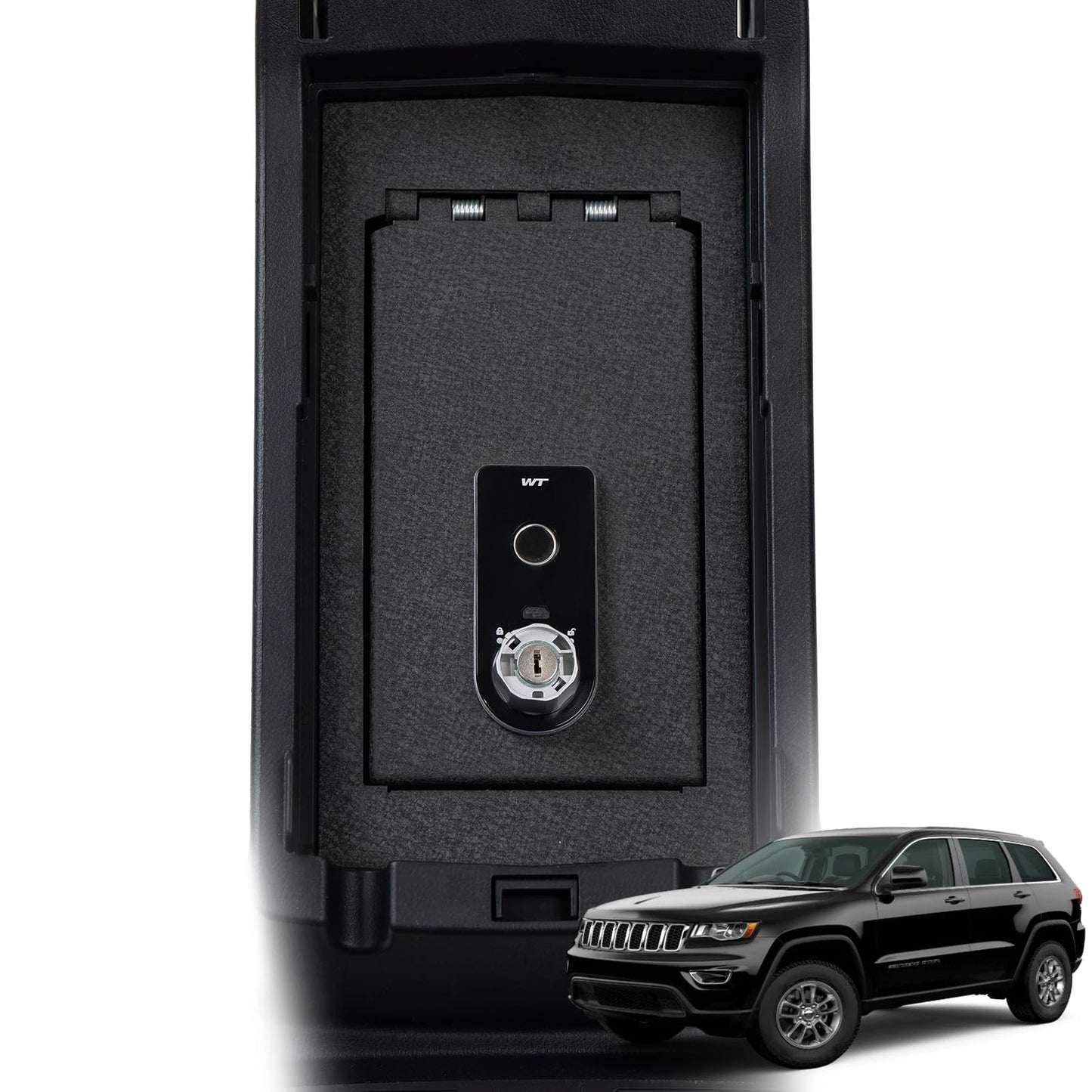 TUOJUE Center Console Safe, Gun Safe Vault Lock Box Compatible with Jeep Grand Cherokee without CD Player 2011-2022, Fingerprint Lock with Key.