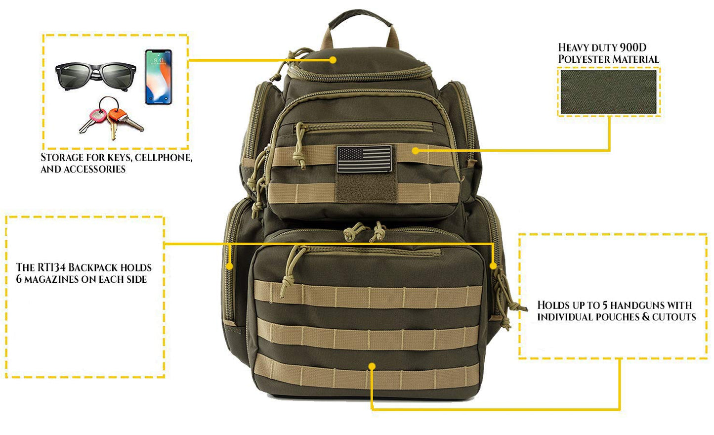 NiceAndGreat Tactical Lockable Range Backpack with 5 Pouches & Free USA Flag Patch Khaki