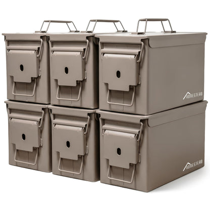 HOMESTEAD 50 Cal Metal Ammo Can – 6-Pack M2A1 Military Grade Ammo Storage Box, Airtight & Water-Resistant Ammo Containers for Long-Term Storage, Desert Tan Color