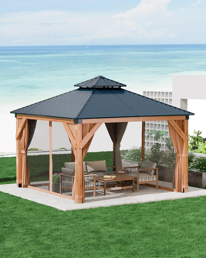 GAOMON Hardtop Spruce Wood Gazebo 10'x10', with Double Roof of Metal Sheets, 4.7'' Heavy Duty Poles, Net, and Curtain, Permanent Building for Patio, Deck, Backyard, Lawn, and Garden, Khaki